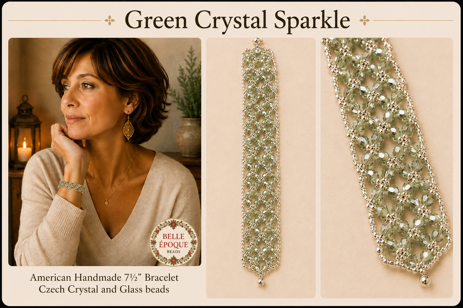 Green Crystal Sparkle Czech Woven Bracelet
